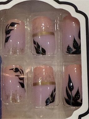 Blush Pink Botanical Press On Nails Gold Foil Leaf Minimalist Glam